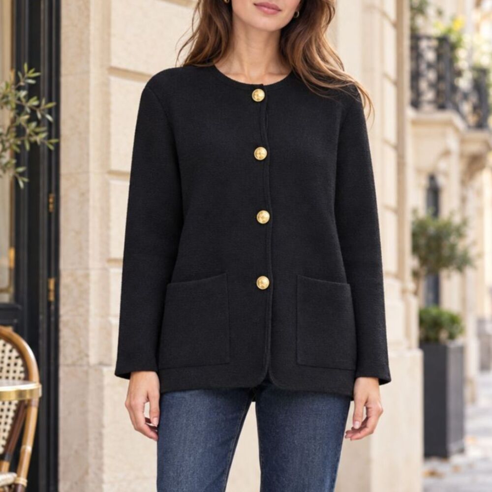 J.Crew Giselle Sweater Blazer Small Black Merino Wool Blend Gold Button Parisian